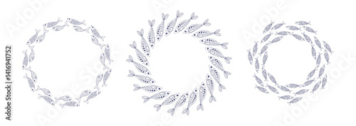 Set of vector frames for design and packaging with fish. Hand drawn vector illustration. Mediterranean fish gathered in schools.