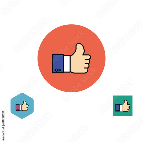 Like icon. Thumb up symbol. Set icons in flat style with long shadows. Three types of icons: circle, square, hexagon. Vector illustration