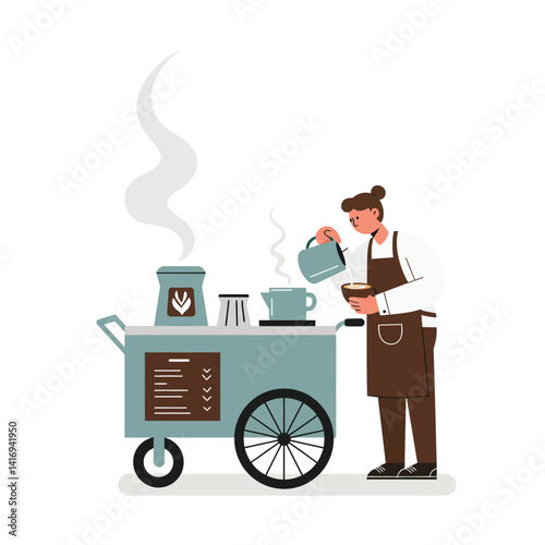 Barista in brown apron pouring hot water into a cup at a mobile coffee cart with steaming coffee pot and menu board, preparing fresh coffee with focus and calm atmosphere