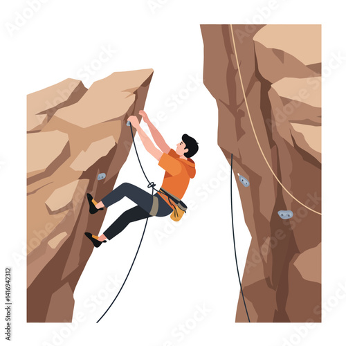 Young man wearing orange shirt and black pants rock climbing between two large brown cliffs using safety harness and rope in outdoor adventure