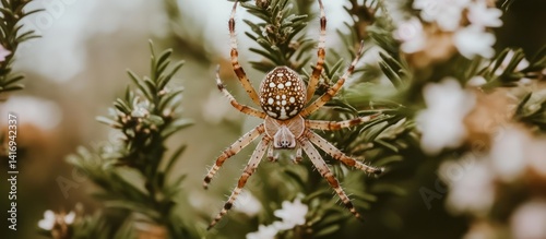 Orb Weaver Spider weaving web among lush greenery and tiny white flowers