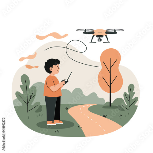 Young boy with curly hair operating remote control drone flying above a winding pathway in a park with green bushes and orange tree during a calm day