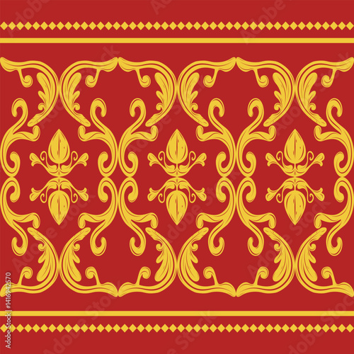 Classy Element Golden Buds Florals Leaves Nature Inspired Filigree on Red Background. Haute Couture Elaborate Neatly Rich Pattern for Luxury Design Tiles Ceramic Neck Shirt Wallpaper Border Embroidery