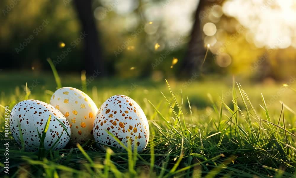 Three painted easter eggs celebrating a Happy Easter on a spring day with a green grass meadow, bright sunlight, tree leaves