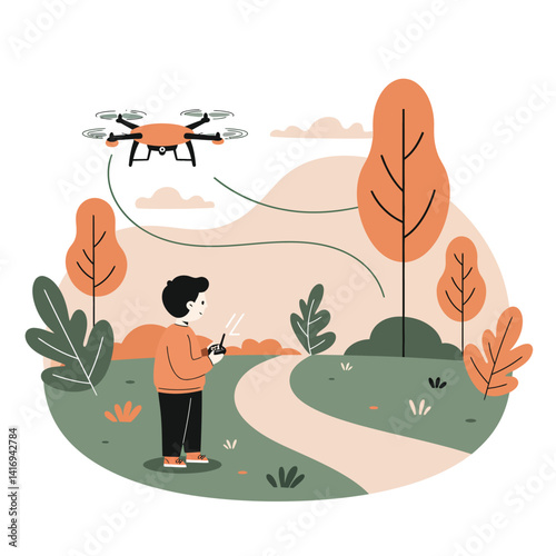 Young boy controlling an orange drone with a remote in a park surrounded by autumn trees and winding pathway in a calm natural setting