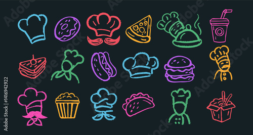 Chef hat doodle. Fast food crayon drawing. Chalk sketch icon. Kitchen emblem or label burger, hotdog. Restaurant graphic. Professional cooks. Vector colorful cooking shapes tidy isolated illustration
