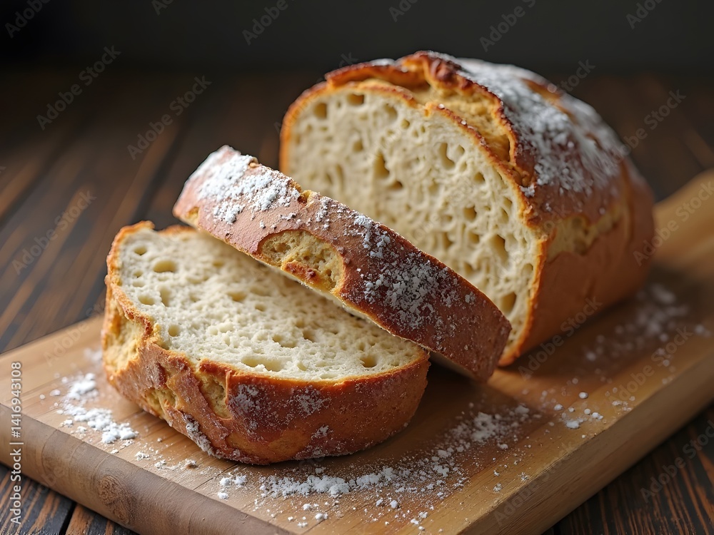 Freshly Baked Sourdough Bread: A rustic sourdough bread loaf with a crisp crust and flour dust, sliced open on a wooden cutting board. Freshly Baked Sourdough Bread: A rustic sourdough bread loaf with a crisp crust and flour dust, sliced open on a wooden cutting board.