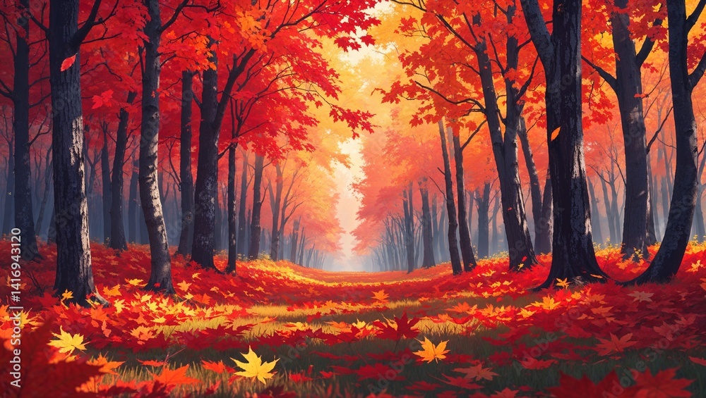 Fototapeta premium Colorful autumn forest with falling red and orange leaves
