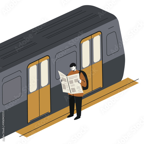 Man standing on subway platform reading newspaper beside stationary train with closed doors in urban transit setting