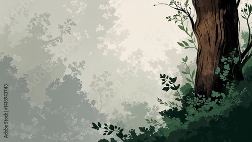 Creamy soft gray background with gentle strokes of deep green and dark brown like tree bark