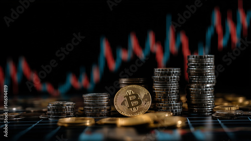 Business and financial stock market, Economic graph with diagrams, bitcoin and cryptocurrency, Futures, Business investment and stock trading on dark background - Generated by Generative A