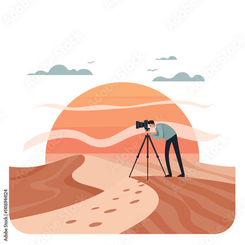 Photographer capturing landscape photos with a camera on tripod in desert area during vibrant sunset with clear sky and gentle clouds