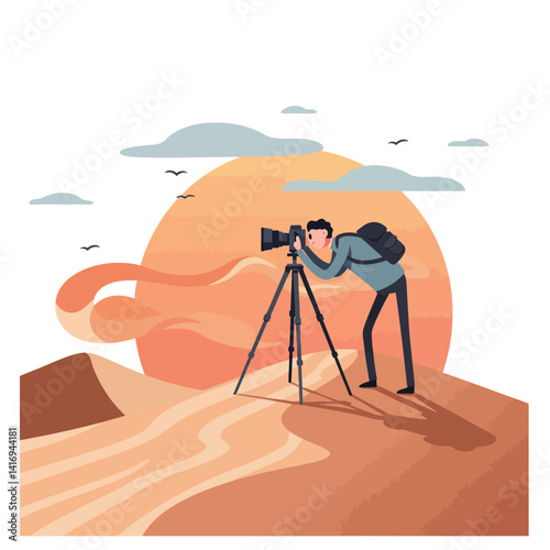Photographer capturing landscape with camera on tripod in desert during sunset with flowing scarf and distant birds flying