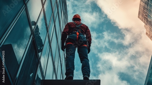 Wallpaper Mural Worker in Harness Preparing to Clean Glass Facade of Tall Building Torontodigital.ca
