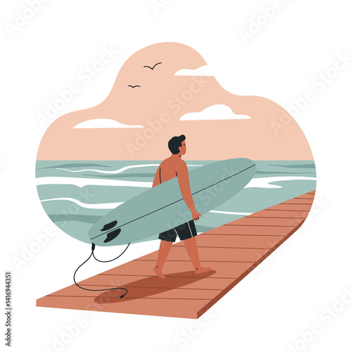Young man in swim shorts walking on wooden pier toward ocean waves carrying large surfboard under sunset sky with birds flying