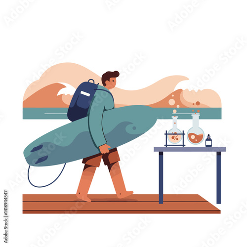 Young male surfer carrying a blue surfboard walking barefoot on wooden dock near ocean waves and chemistry equipment on a table