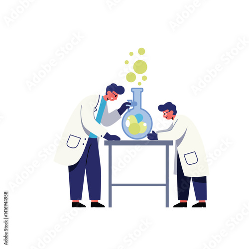 Two male scientists in white lab coats conducting chemical experiment with bubbling flask on metal table in laboratory setting