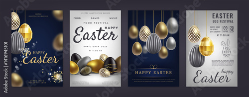 Happy easter. 3d egg on card. Holiday spring banner. Poster with decorative gold colorful metal eggs with marble pattern. Celebration elegant premium element. Vector realistic background collection