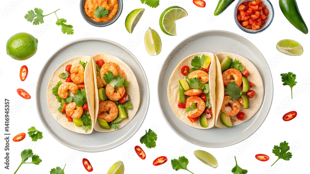 Two succulent shrimp tacos, bursting with vibrant flavors of avocado, tomato, and cilantro, a culinary delight arranged on plates with lime slices and chili peppers scattered around. Two succulent shrimp tacos, bursting with vibrant flavors of avocado, tomato, and cilantro, a culinary delight arranged on plates with lime slices and chili peppers scattered around.