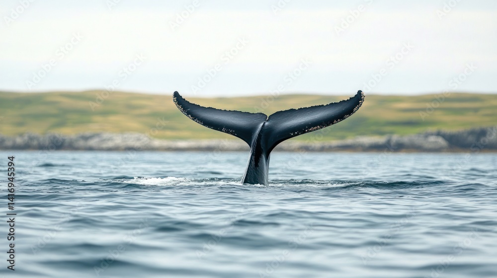 Fototapeta premium Majestic humpback whale tail breaching above the ocean surface, showcasing oceanic grandeur