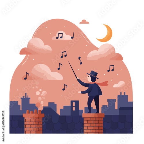 Man in vintage outfit conducting musical notes above city rooftops at dusk with crescent moon and clouds in serene twilight atmosphere