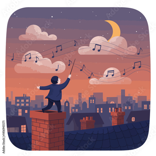 Young conductor in dark suit standing on rooftop chimney directing musical notes floating across twilight sky over city skyline