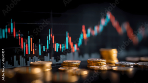 Business and financial stock market, Economic graph with diagrams, bitcoin and cryptocurrency, Futures, Business investment and stock trading on dark background - Generated by Generative A