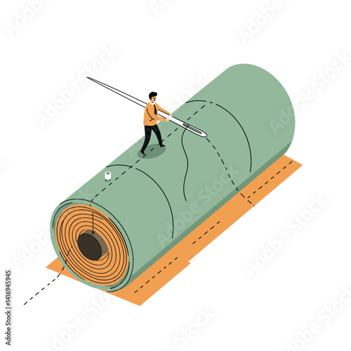 Man standing on large rolled green fabric holding giant needle stitching thread in an industrial textile workshop setting with focused mood