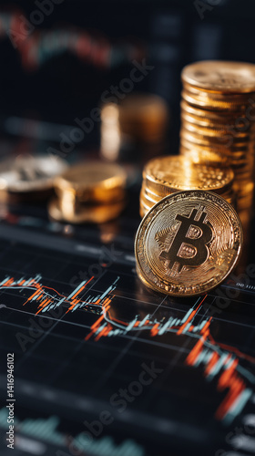 Business and financial stock market, Economic graph with diagrams, bitcoin and cryptocurrency, Futures, Business investment and stock trading on dark background - Generated by Generative A