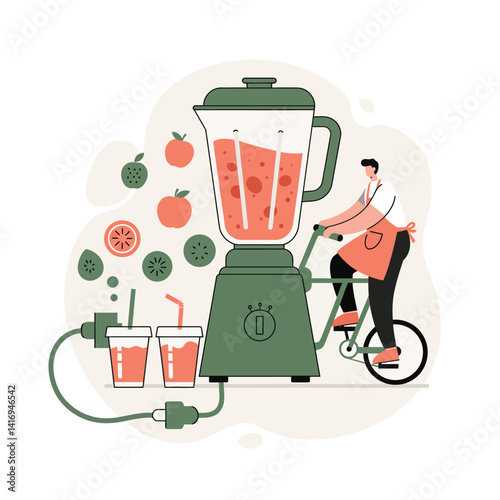 Man in apron pedaling stationary bike powering large green blender with fresh fruit slices and two juice cups in modern minimalist style