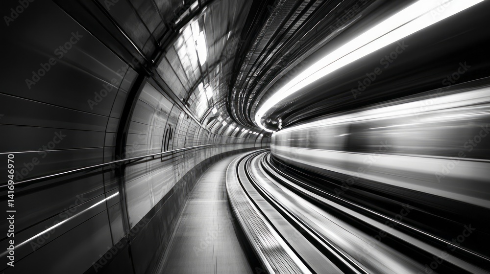 Fototapeta premium Fast moving subway train races through a curved dark tunnel