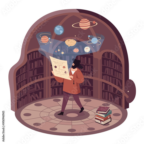 Man in a library dome studying an ancient astronomy chart with planets and scientific symbols floating above, surrounded by bookshelves and a stack of books, focused and curious atmosphere