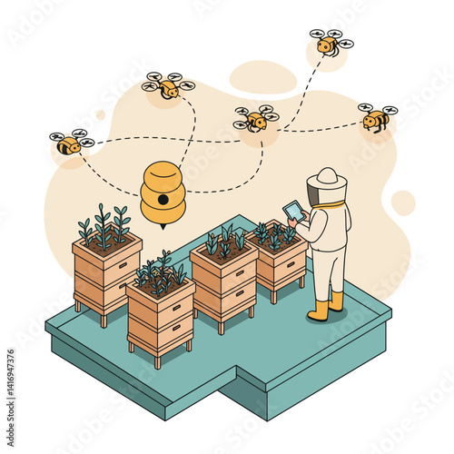 Beekeeper in protective suit monitoring plants near wooden hives with flying bees on a raised platform in a controlled environment
