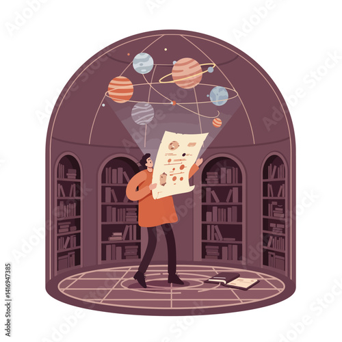 Young person studying astronomy inside a circular library with planet models hanging overhead and holding a celestial chart, surrounded by books, focused and curious atmosphere