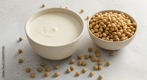 Creamy Soybean Milk with Scattered Soybeans in a Ceramic Bowl on Textured White Surface