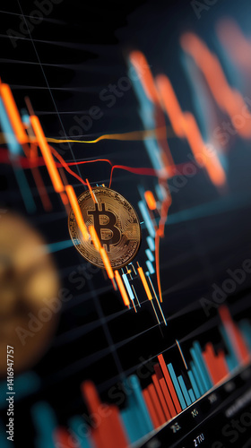 Business and financial stock market, Economic graph with diagrams, bitcoin and cryptocurrency, Futures, Business investment and stock trading on dark background - Generated by Generative A
