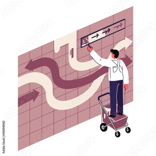 Person standing on a wheeled stool drawing directional arrows on a tiled wall with paint, illustrating complex choices and paths in a decision-making scenario