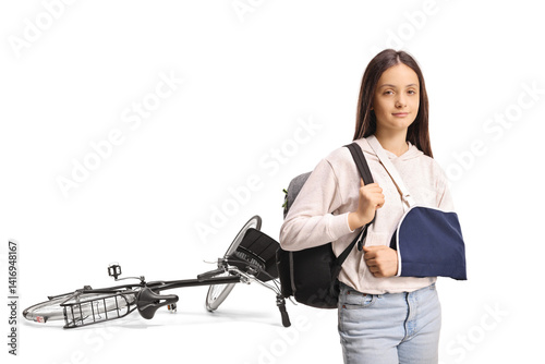 Female teenage student with an arm sling injured in a bicycle accident