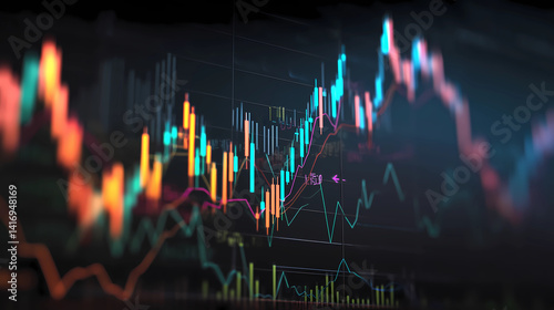 Business and financial stock market, Economic graph with diagrams, bitcoin and cryptocurrency, Futures, Business investment and stock trading on dark background - Generated by Generative A