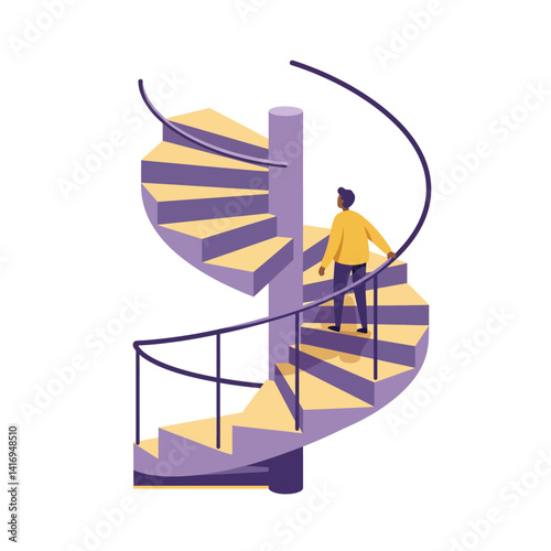 Man in yellow jacket ascending spiral staircase with purple and beige steps in minimalist white background, depicting progress and upward movement