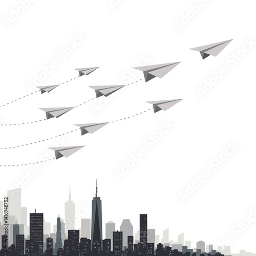 Group of white paper airplanes flying above modern city skyline with tall buildings and skyscrapers on a clear white background