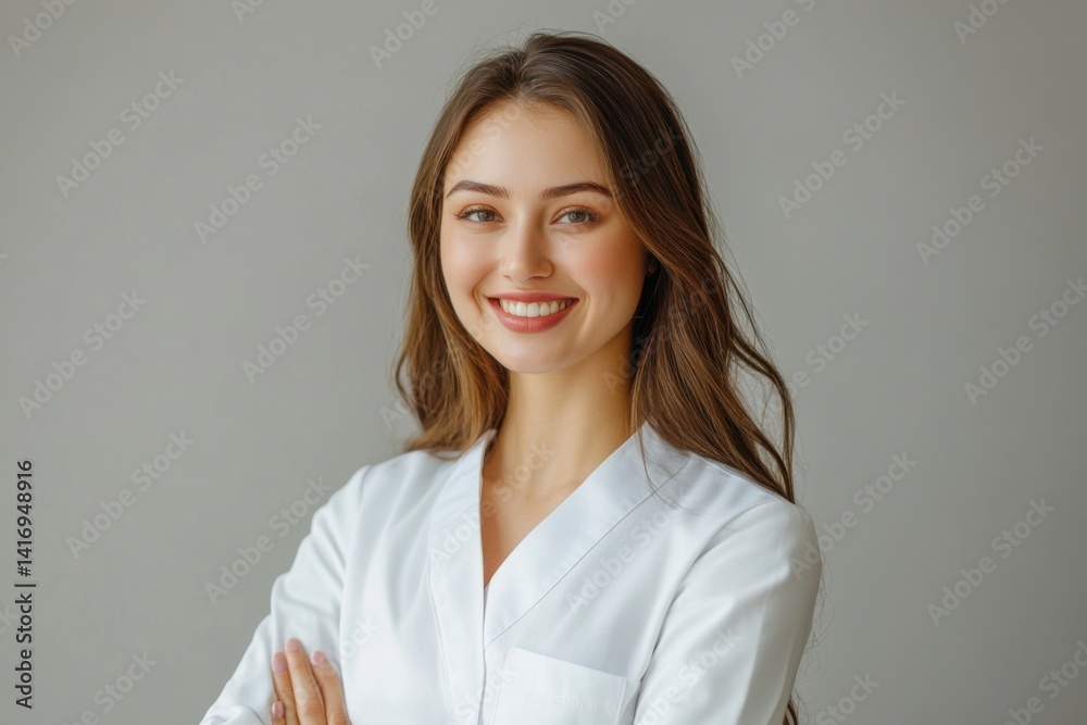 Portrait of a smiling healthcare professional in a white coat with a neutral background Portrait of a smiling healthcare professional in a white coat with a neutral background
