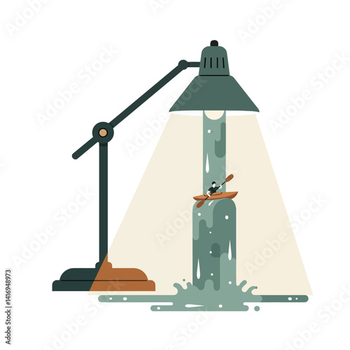 Modern adjustable desk lamp illuminating a miniature wooden canoe with a paddler in cascading water flow, highlighting creative concept and contrast between light and fluid motion