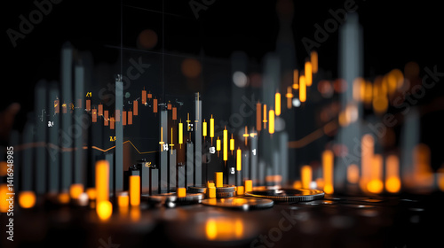 Business and financial stock market, Economic graph with diagrams, bitcoin and cryptocurrency, Futures, Business investment and stock trading on dark background - Generated by Generative A