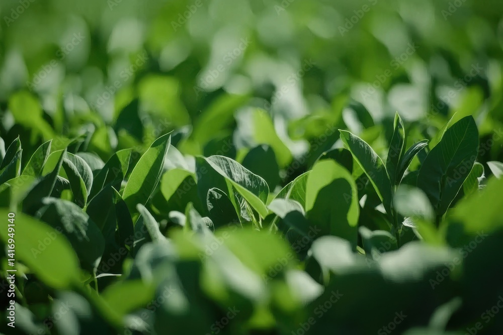Obraz premium Lush green plants fill the frame with sunlit leaves in shallow depth