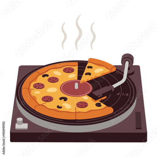 Creative illustration of a pepperoni pizza slice being lifted from a whole pizza on a vintage turntable with steam rising, blending food and music elements in a playful setting