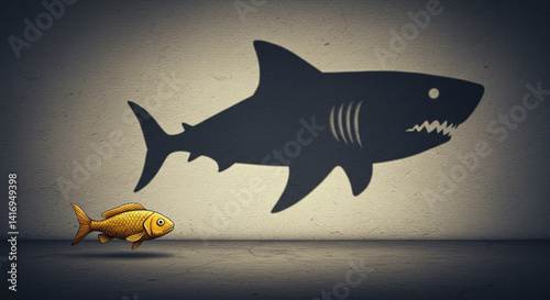 Small Fish Facing Big Shark Shadow on the Wall Concept