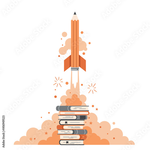 Orange pencil shaped like a rocket launching upward from a stack of books with smoke and spark effects, symbolizing creativity and knowledge acceleration