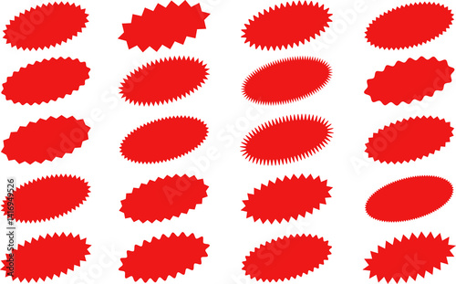 Starburst sticker set - collection of special offer sale oval and round shaped sunburst labels and badges. Promo stickers with star edges.