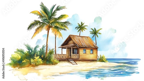 Tropical beach hut watercolor painting seaside escape palm trees calm ocean vacation dream island image photo
